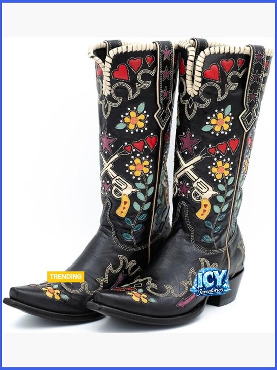 Shoes - Women's Embroidered Cowgirl Boots - Knee High Chunky Heel Faux Leather Pull On